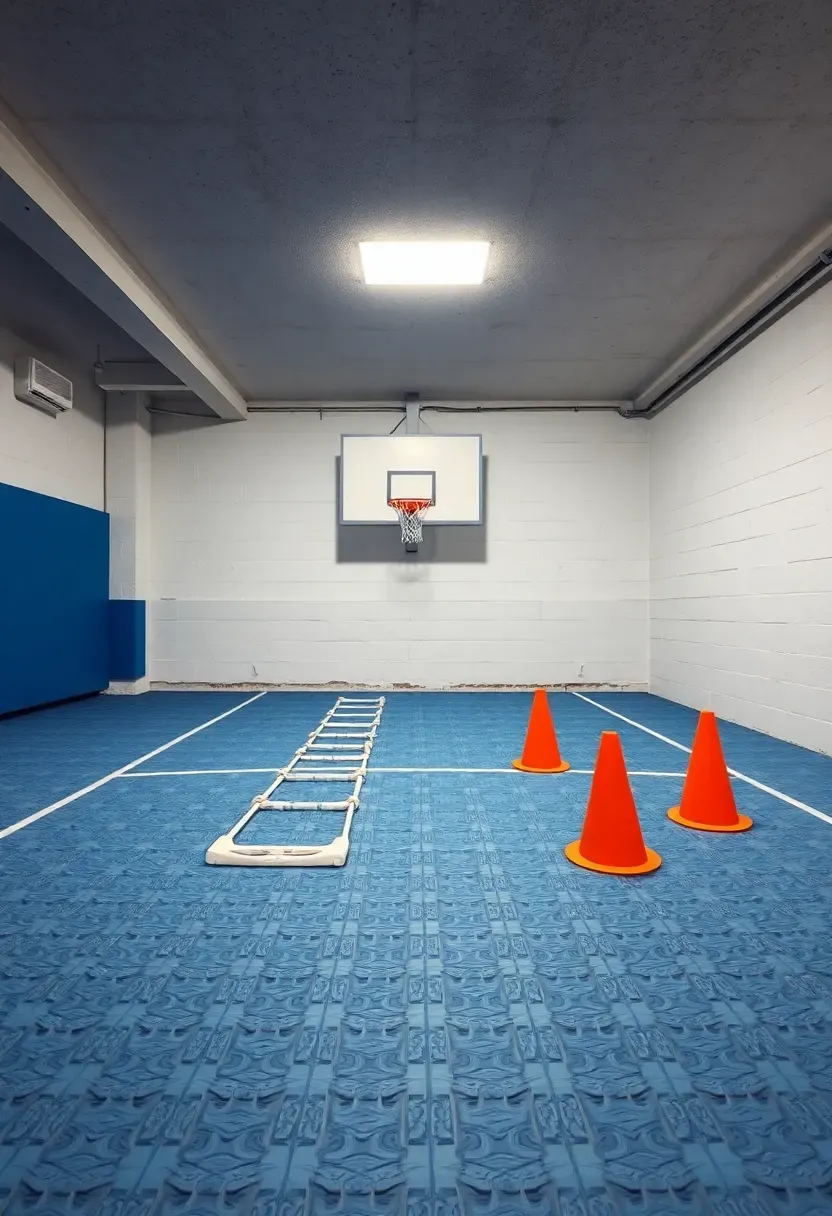 Basement with multi-sport court flooring in a blue and grey pattern, basketball hoop on the far wall, and agility ladder laid out on the surface