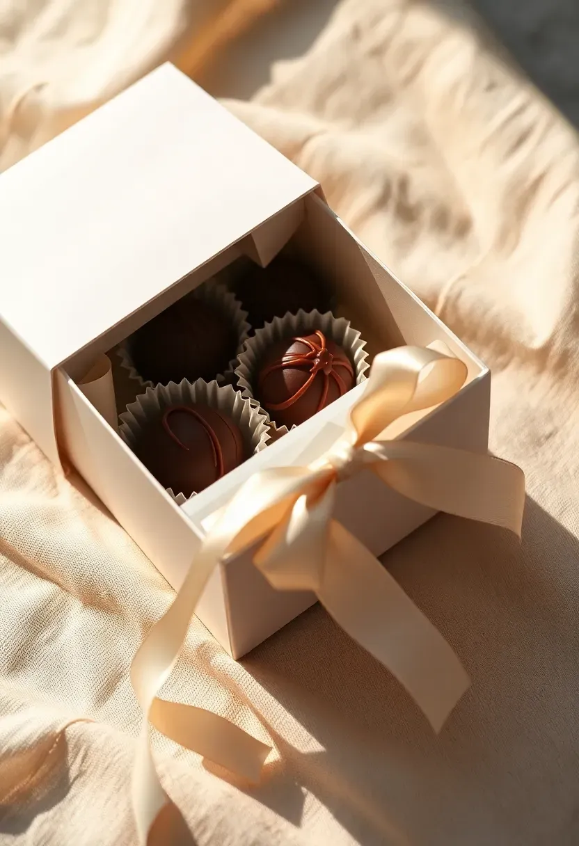 white gift box open with four chocolate truffles in paper cups and pale ribbon bow on linen