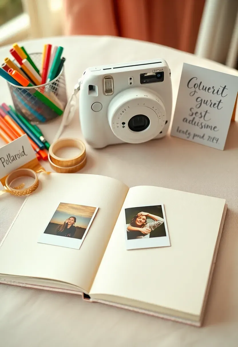 Polaroid guest book station at an engagement party with an instant camera, blank scrapbook pages, pens, washi tape, and a few sample photos already taped into the book