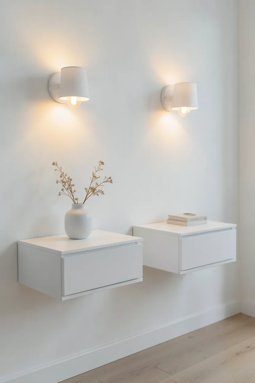 Floating white nightstand with minimalist wall-mounted lamp in a small Japandi bedroom