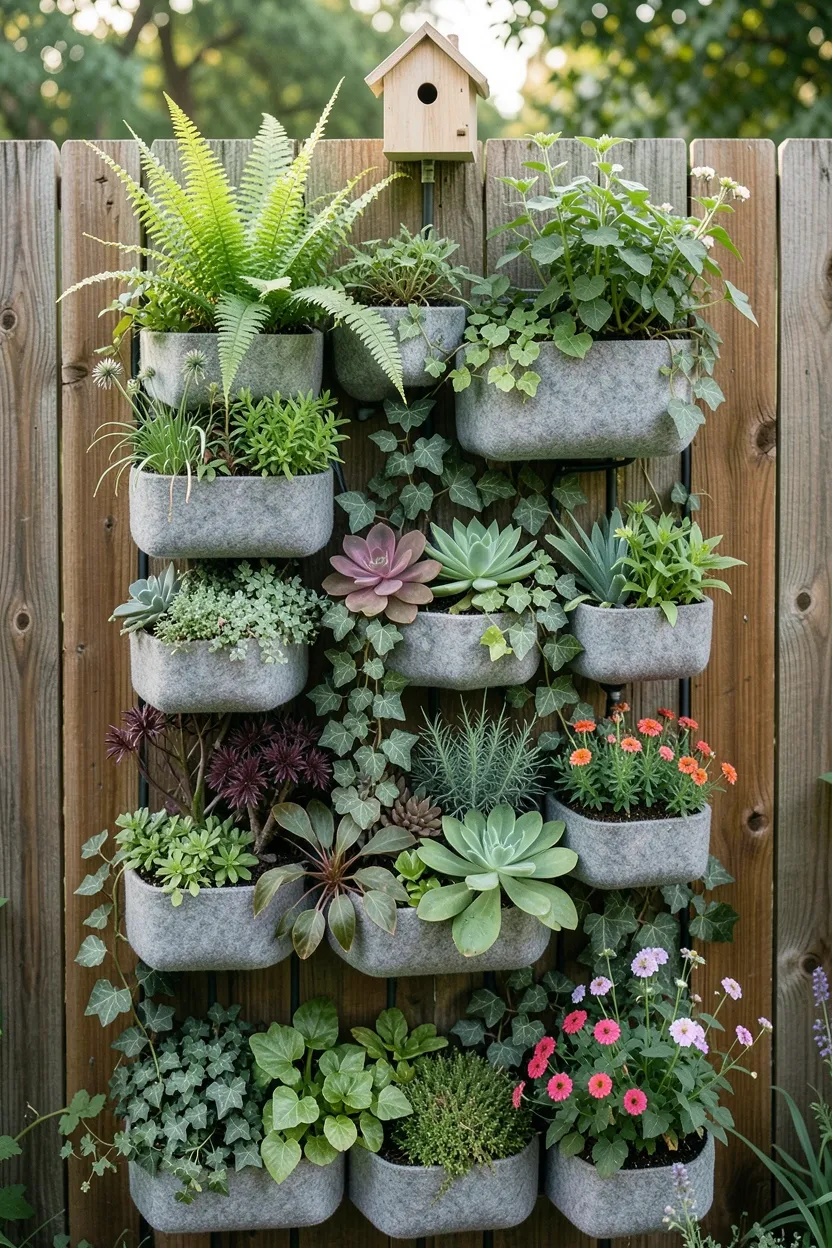 Hyper-realistic eye-level photograph of a backyard vertical garden wall. Modular planter wall system mounted on wooden fence, containing varied foliage including ferns, succulents, ivy, and flowering annuals in varying shades of green and burgundy. Drip irrigation lines visible between planter pockets. Small decorative birdhouse mounted at top. Morning light illuminates varied leaf textures. Materials: modular felt planters, wooden fence, varied plants. Living wall mood. Shallow depth of field, focus on plant variety and texture. No text, no logos, no watermarks.</p>