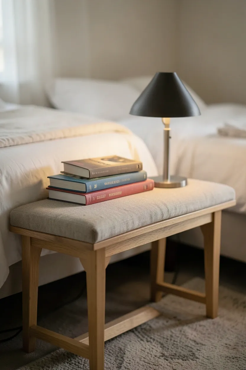 Low upholstered bench at the foot of a bed with five artfully stacked books arranged by color — minimalist bedroom reading bench that doubles as decor