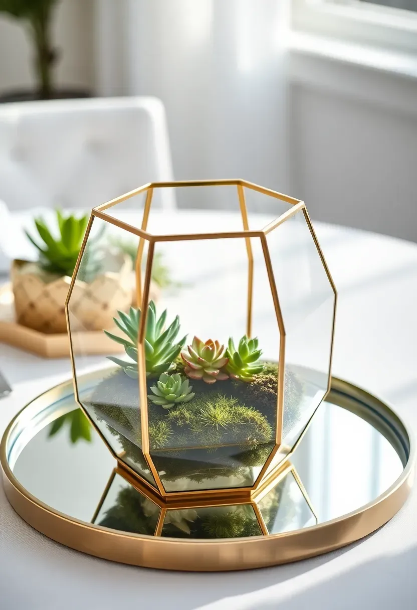 geometric gold terrarium filled with succulents and air plants on a modern baby shower table with minimalist decor
