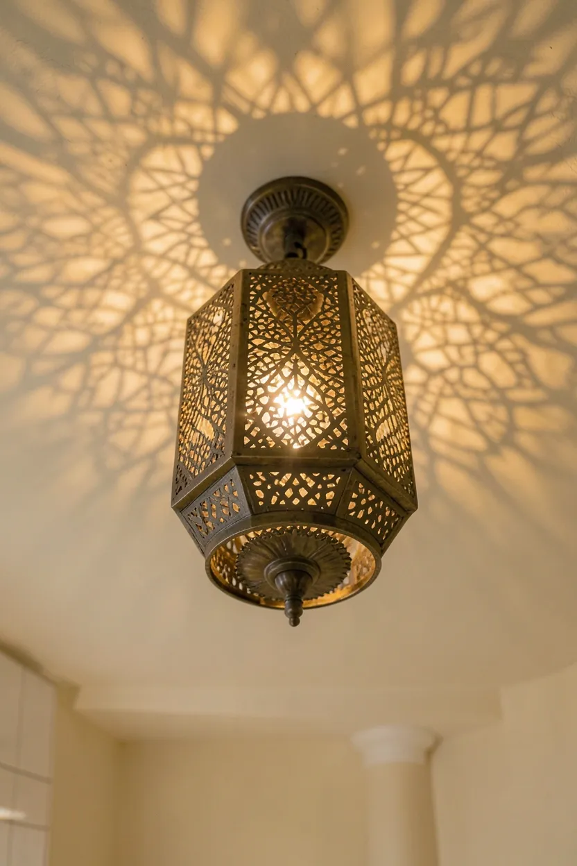 Hyper-realistic eye-level photograph of boho bathroom ceiling light fixture featuring brass Moroccan lantern with intricate geometric cutout patterns, warm light glowing through perforations and casting patterned shadows on cream plaster ceiling, white tub feet visible below. Warm ambient lighting. Materials: brass metal with patina. Ornate exotic boho lighting fixture. Detailed metalwork patterns. No text, no logos, no watermarks.</p>