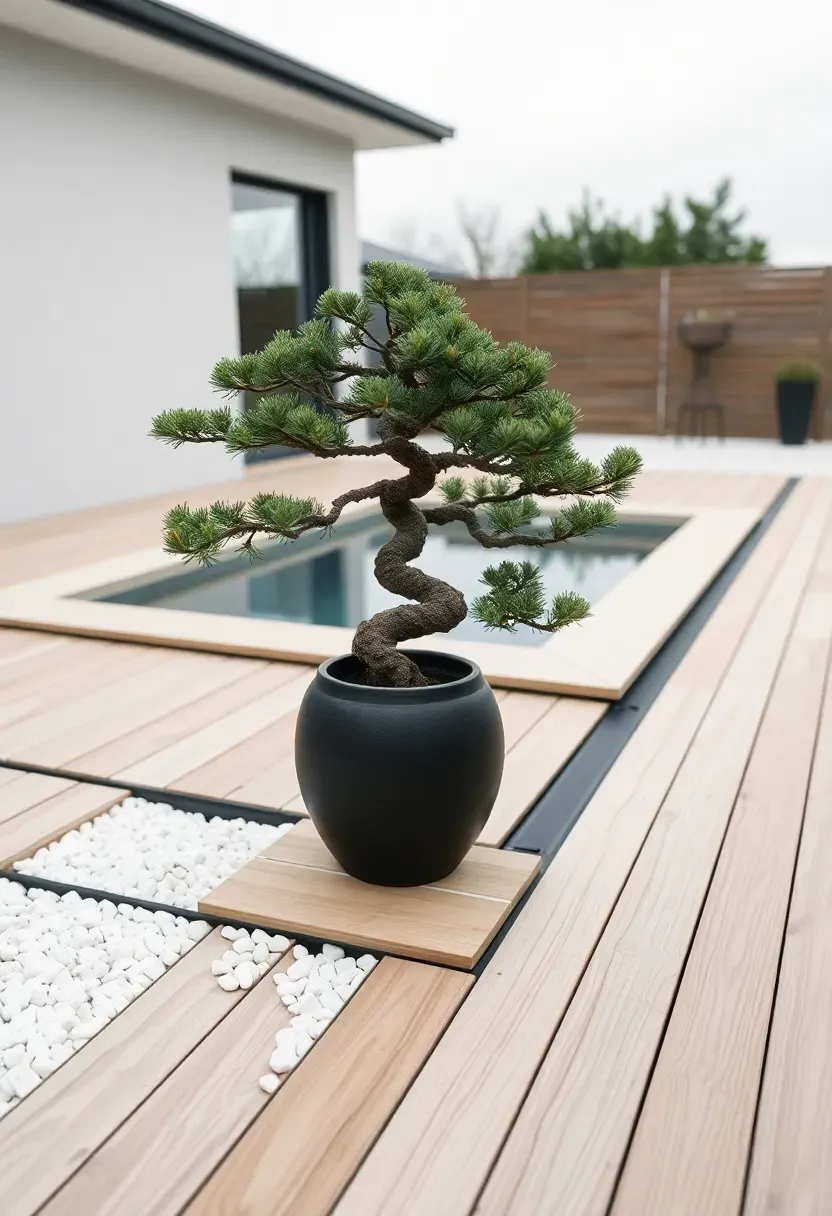 A minimal Japanese-inspired deck platform in light cedar with a swim spa, a single bonsai tree, and raked gravel border