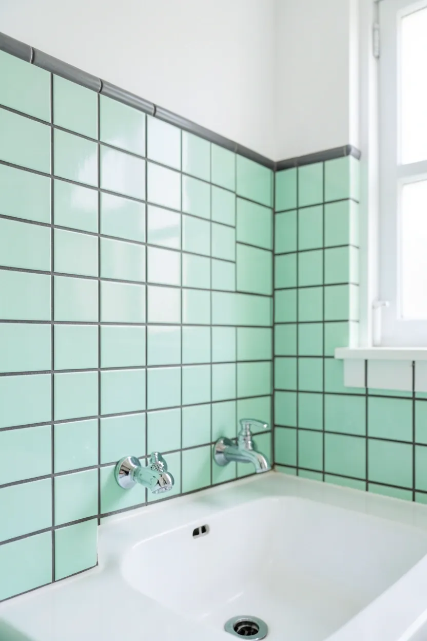 Mint green subway tiles with charcoal dark grout in a vintage-inspired bathroom — fresh green bathroom tile idea for small apartments