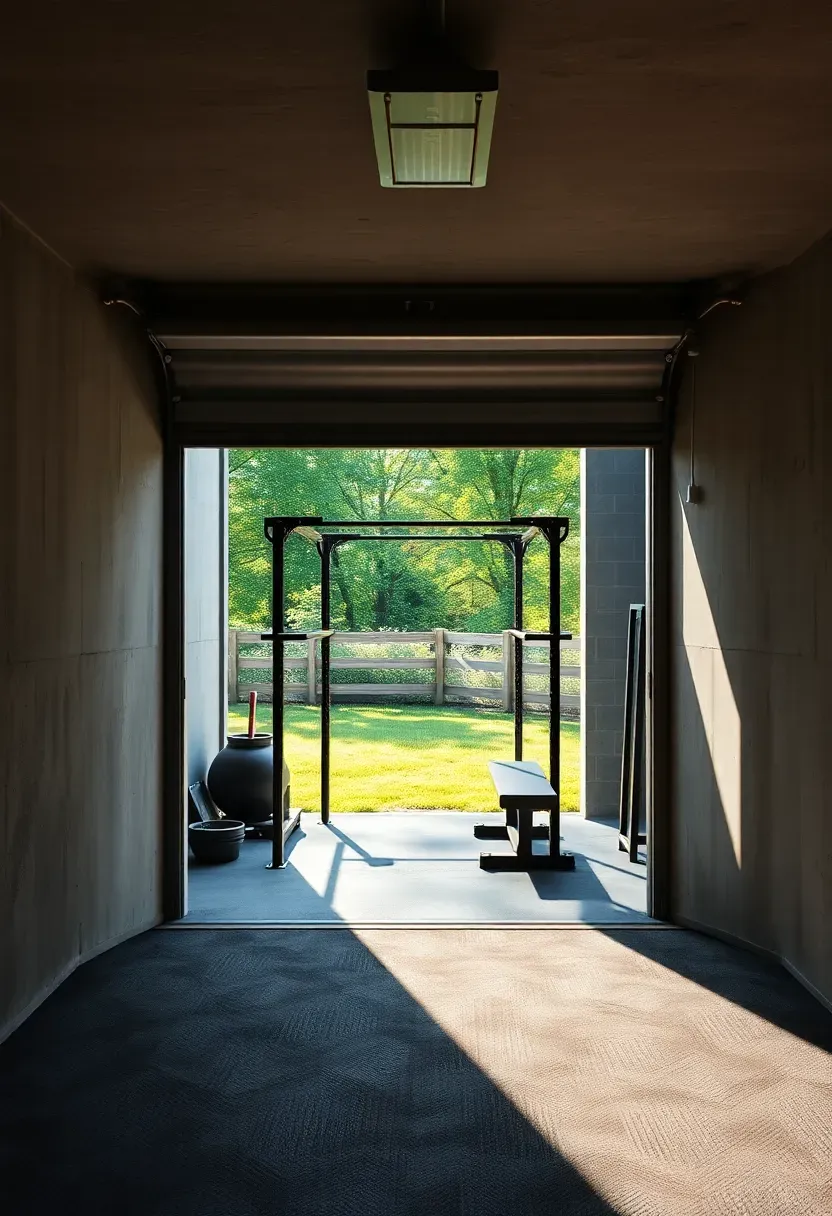 Basement gym with an open garage-style door leading to a backyard, fresh air flowing into the workout space with visible greenery outside