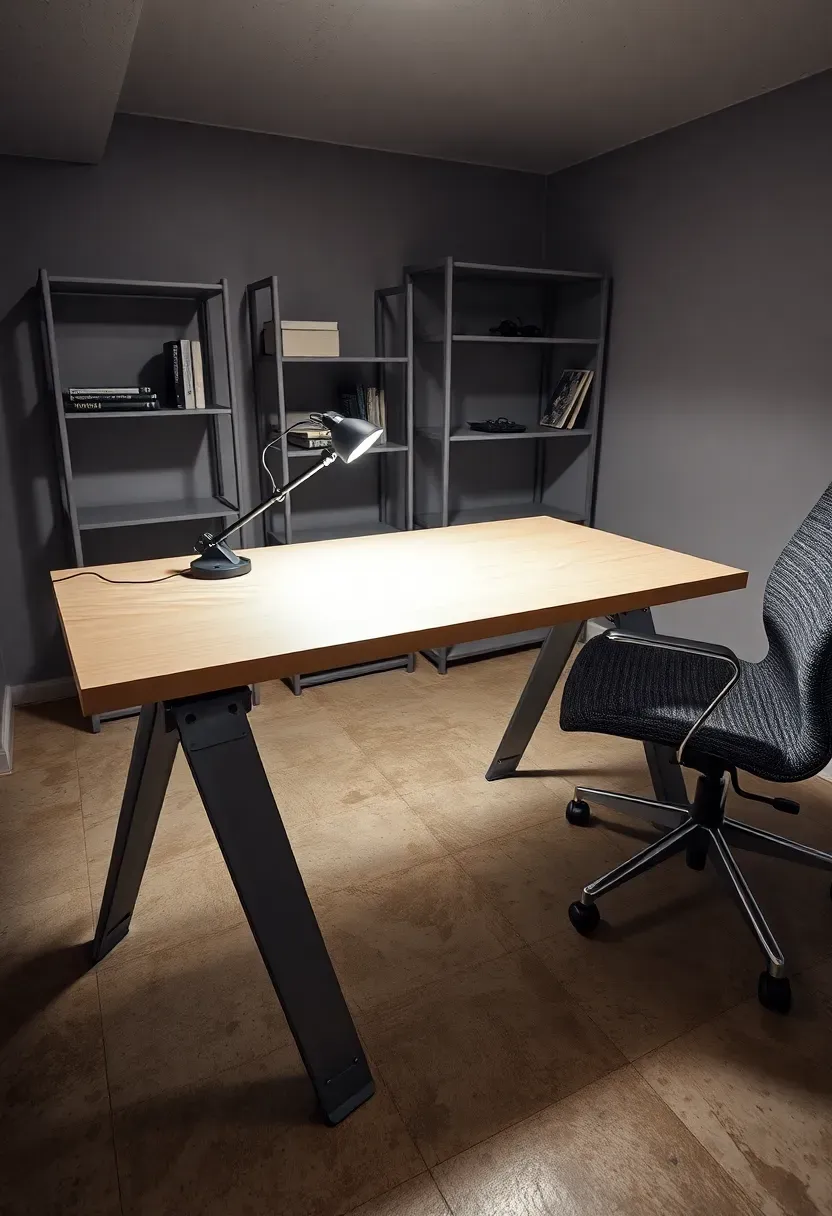 Simple budget basement office with a folding table desk, clip-on LED lamp, and basic shelf storage