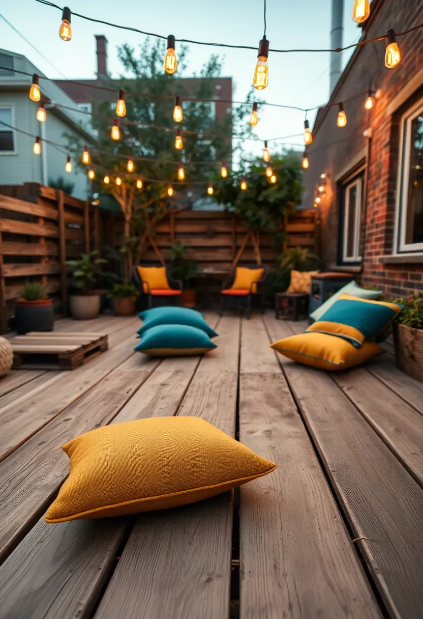 DIY pallet deck in a small urban backyard, sanded and stained light gray, with string lights above and mismatched colorful outdoor pillows