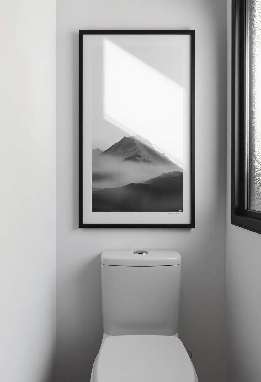 Black and white landscape photography print in thin black frame mounted on white bathroom wall above modern toilet