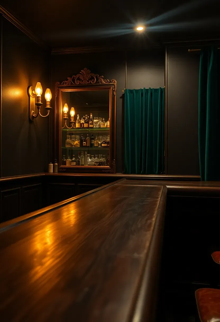 moody speakeasy basement bar with dark walls velvet seating vintage brass light fixtures and hidden entrance