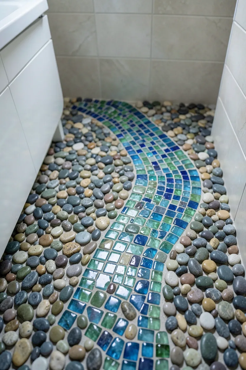 Natural pebble bathroom floor with colorful mosaic tile pathway winding through a spa-inspired family bathroom