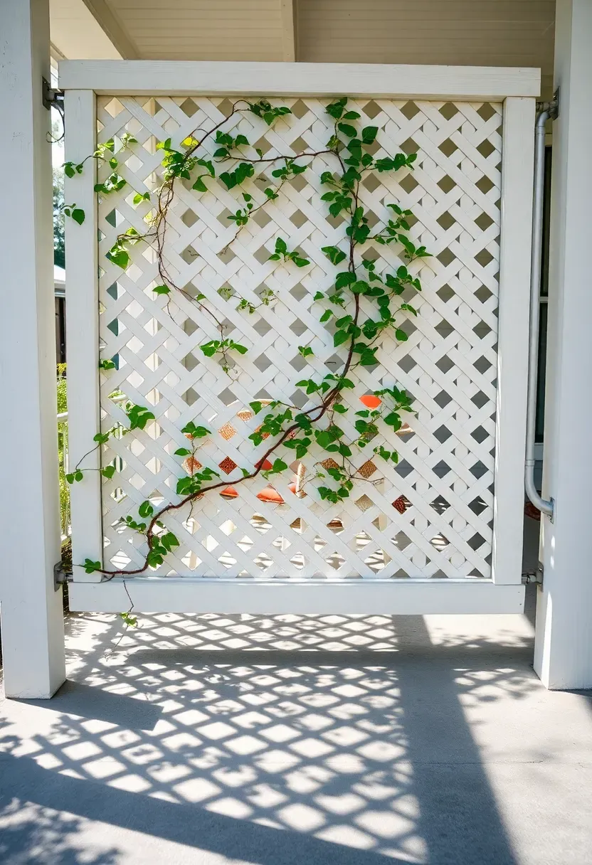 DIY lattice privacy screen wall on a back porch with climbing plants and seating behind it