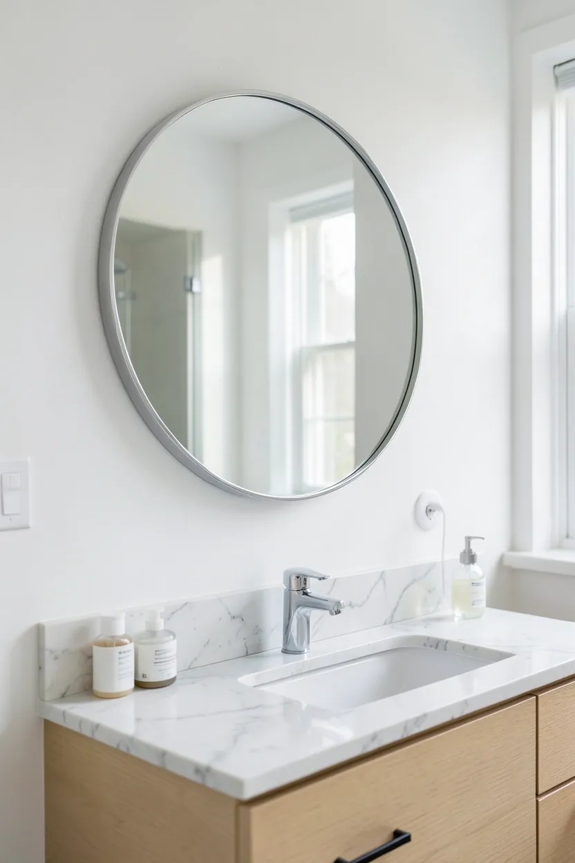 Large round mirror above a floating vanity in a modern apartment bathroom, reflecting light and making the space feel larger