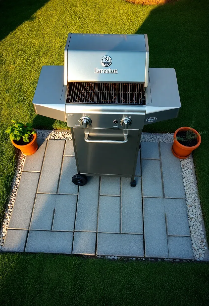 Freestanding gas grill centered on a square paver pad with gravel border and potted herbs along the edge in a green backyard