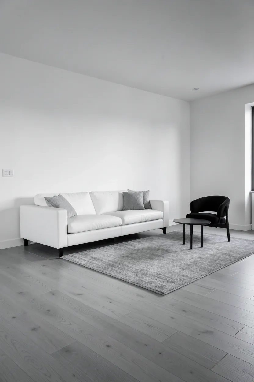 Minimalist living room with white ceiling, soft gray walls, and medium gray flooring creating a seamless grayscale gradient effect