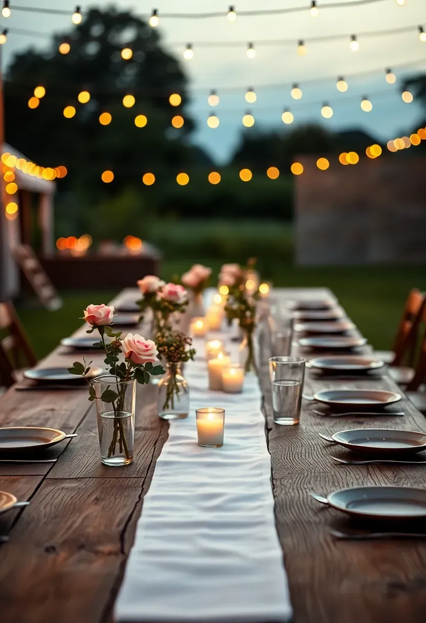 Long wooden farm table set for an outdoor engagement dinner with white linen runner, candles in glass holders, floral centerpieces, and string lights overhead at dusk