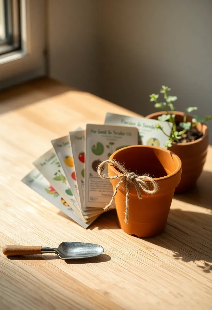 seed packets fanned on wood surface with small terracotta pot and metal trowel with jute twine