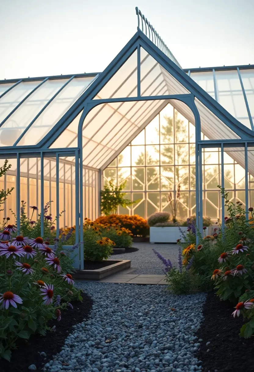 A gothic arch greenhouse with tall pointed arches covered in polycarbonate panels surrounded by perennial flower beds