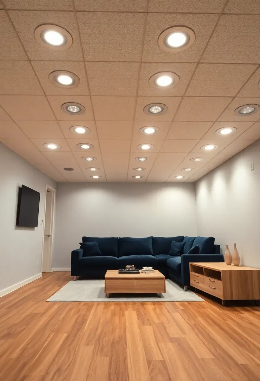 Grid of recessed LED can lights evenly illuminating a finished basement lounge area with warm white tones