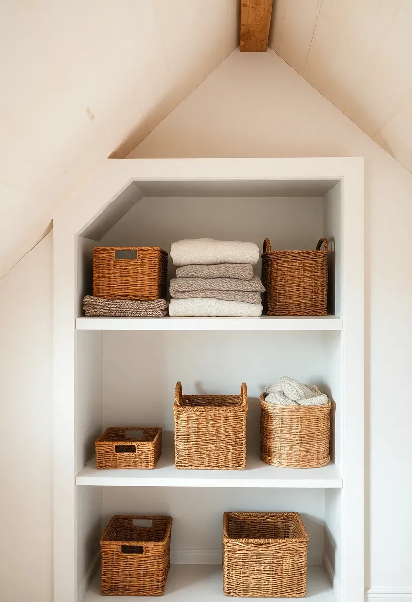 painted plywood attic built-in shelving with clean white finish, visible plywood edges painted as design detail