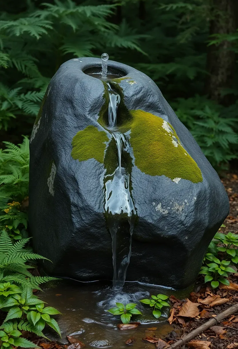 A natural boulder fountain with water bubbling from a drilled hole in the top of a large mossy rock in a woodland garden