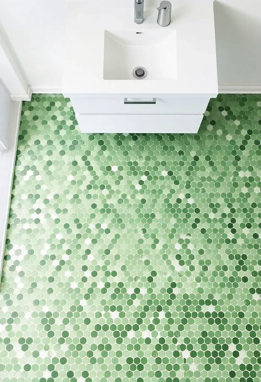 Bathroom floor covered in small circular green penny tiles with white vanity and simple chrome fixtures