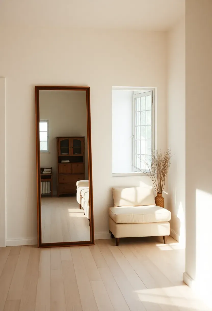 Hyper-realistic 3/4 view of a tiny house with large wall mirror opposite window, reflection doubling space, white oak floor, low furniture. Materials: framed mirror, white oak floor, linen sofa, matte white walls. Warm diffused reflected light, creamy neutrals with sense of expanded space. Mood: doubled, bright, open. Shallow depth of field, sharp details, balanced composition, soft shadows, visible room context. No text, no logos, no watermarks.</p>