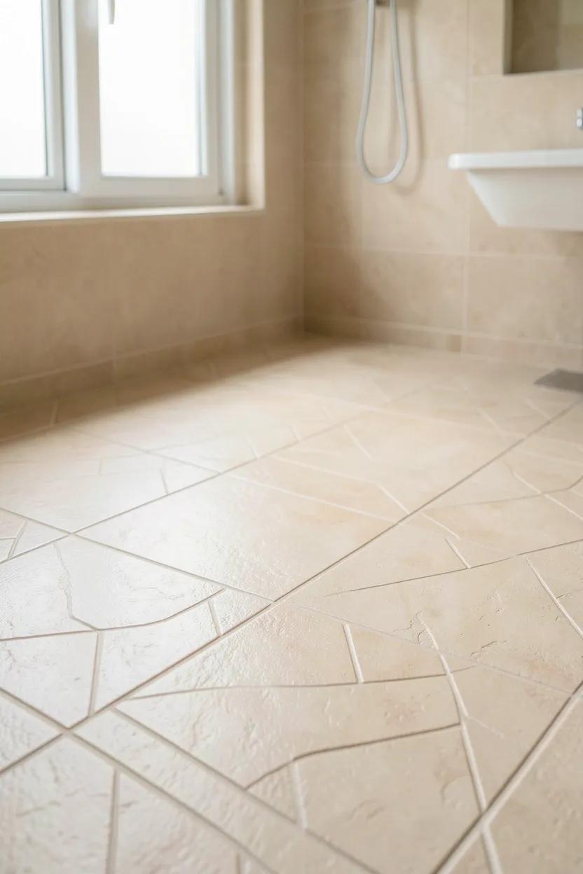 Textured matte neutral floor tiles in a modern apartment bathroom adding subtle depth while remaining safe and slip-resistant