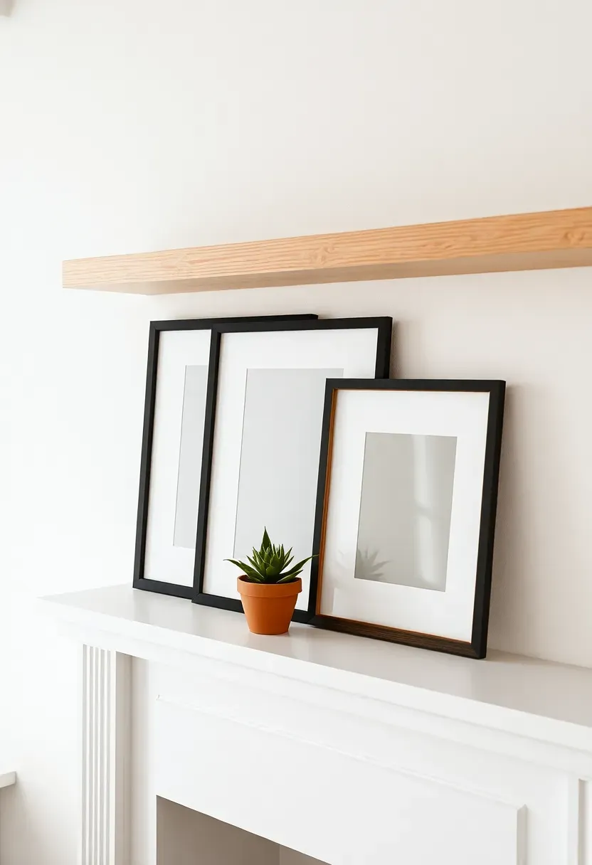 Narrow wooden picture ledge above fireplace with leaned framed prints and small potted succulent — flexible renter-friendly mantel wall idea