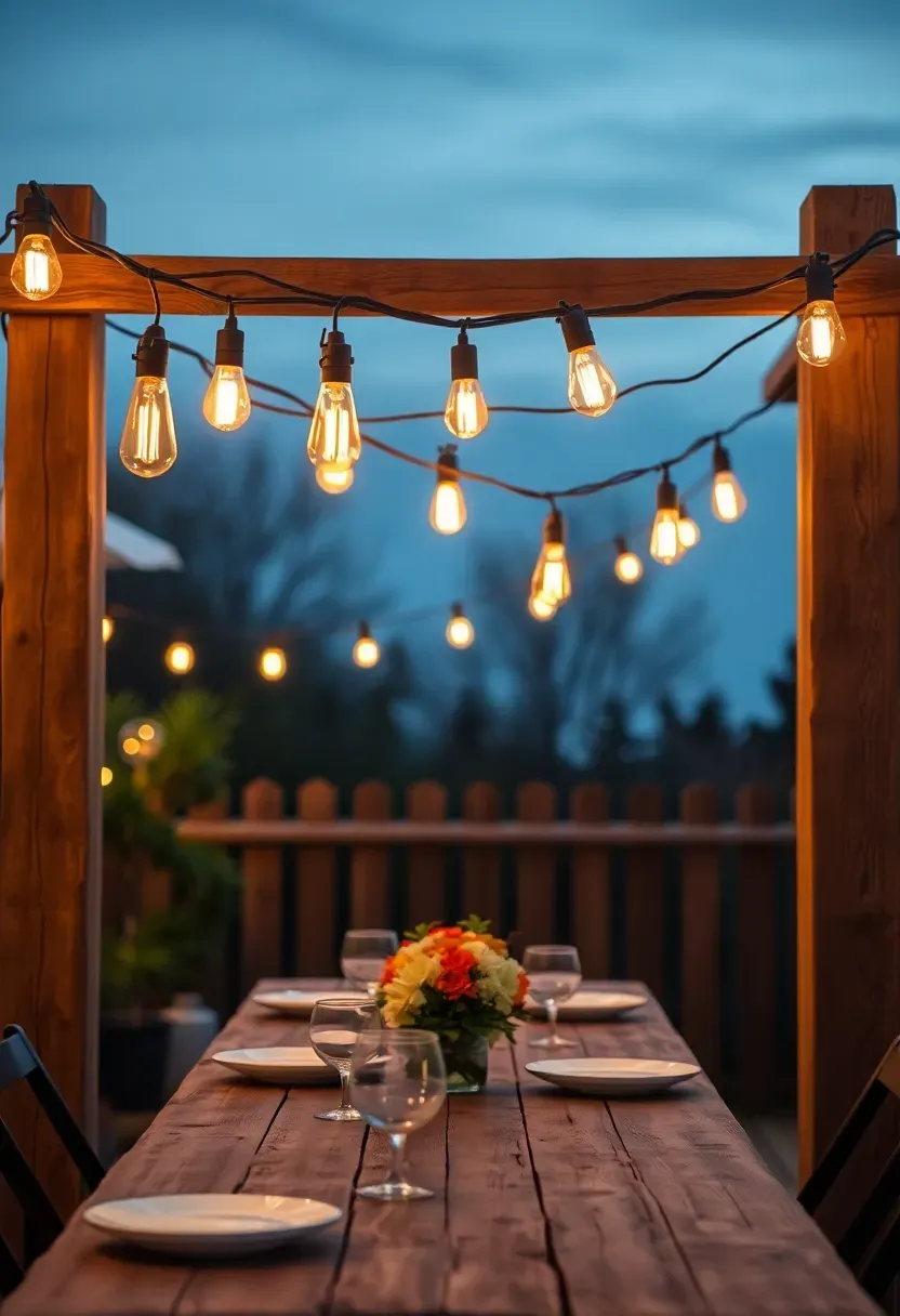 Warm white string lights draped in a zigzag pattern across a backyard dining area between two wooden posts at twilight