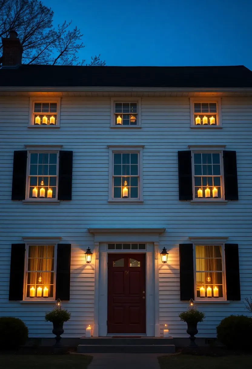 Hyper-realistic front view of a two-story colonial-style home featuring warm white electric candle silhouettes in every window across the facade, creating perfectly symmetrical vertical light patterns across both floors. Materials: white clapboard siding, black shutters flanking each window, black window candle silhouettes with golden glowing 