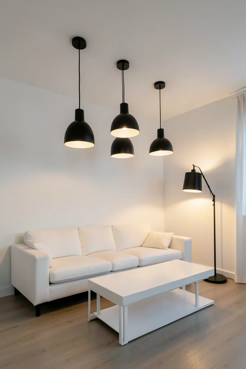 Matte black pendant light and floor lamp creating warm ambient glow against white walls in a minimalist black and white living room