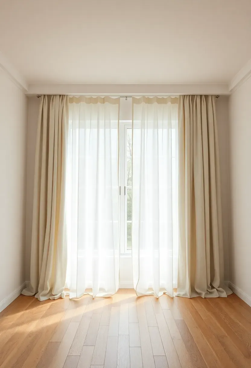 Hyper-realistic full-height view of minimalist living room with floor-to-ceiling linen curtains in warm white, mounted at ceiling, pooling slightly on oak floor, large window behind. Materials: white linen fabric with visible natural texture, light oak floor, white walls. Soft diffused light, elegant vertical mood. Curtains creating height and softness, shallow depth of field, no text, no logos.</p>