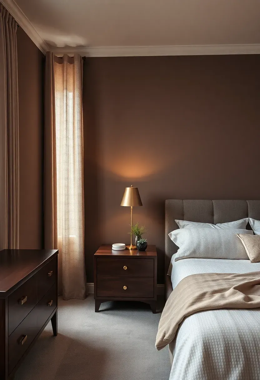 Hyper-realistic 3/4 view of serene bedroom with dark taupe walls showing complex gray-brown-purple undertones, ivory bedding, walnut furniture, brass lamps. Materials: dark taupe paint with shifting undertones, ivory textured bedding, dark walnut wood, polished brass. Warm ambient light from brass lamps (2700K) bringing out taupe's complexity, soft window light left. Elegant serene mood, shallow depth of field with sophisticated color depth. No text, no logos, no watermarks.</p>