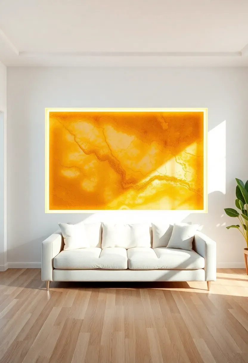 Hyper-realistic 3/4 view of minimalist living room featuring backlit onyx wall panel. Rectangular honey onyx slab with dramatic amber and gold veining patterns illuminated from behind creating warm glowing effect. LED light source concealed behind panel. White walls framing stone, light wood floor below. Cream sofa facing stone feature. Materials: honey onyx stone slab, LED backlighting, oak flooring. Dramatic focal point. Natural stone beauty. Shallow depth of field, sharp details on stone veining and glow effect. No text, no logos, no watermarks.</p>