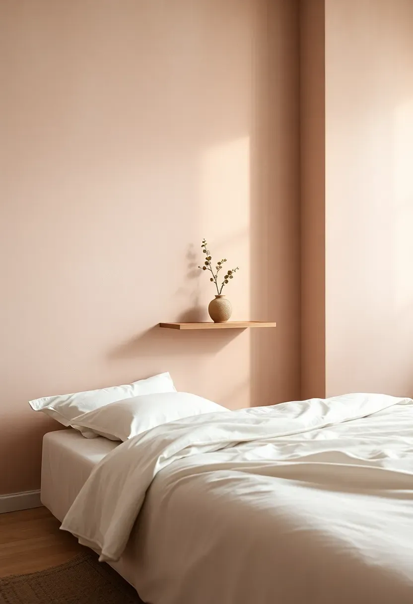bedroom with limewash plaster walls in soft blush tone creating organic matte texture and depth
