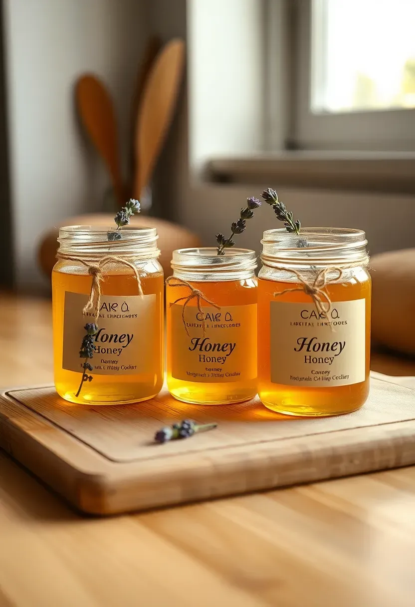 small honey jars with custom baby shower labels tied with twine and dried flowers