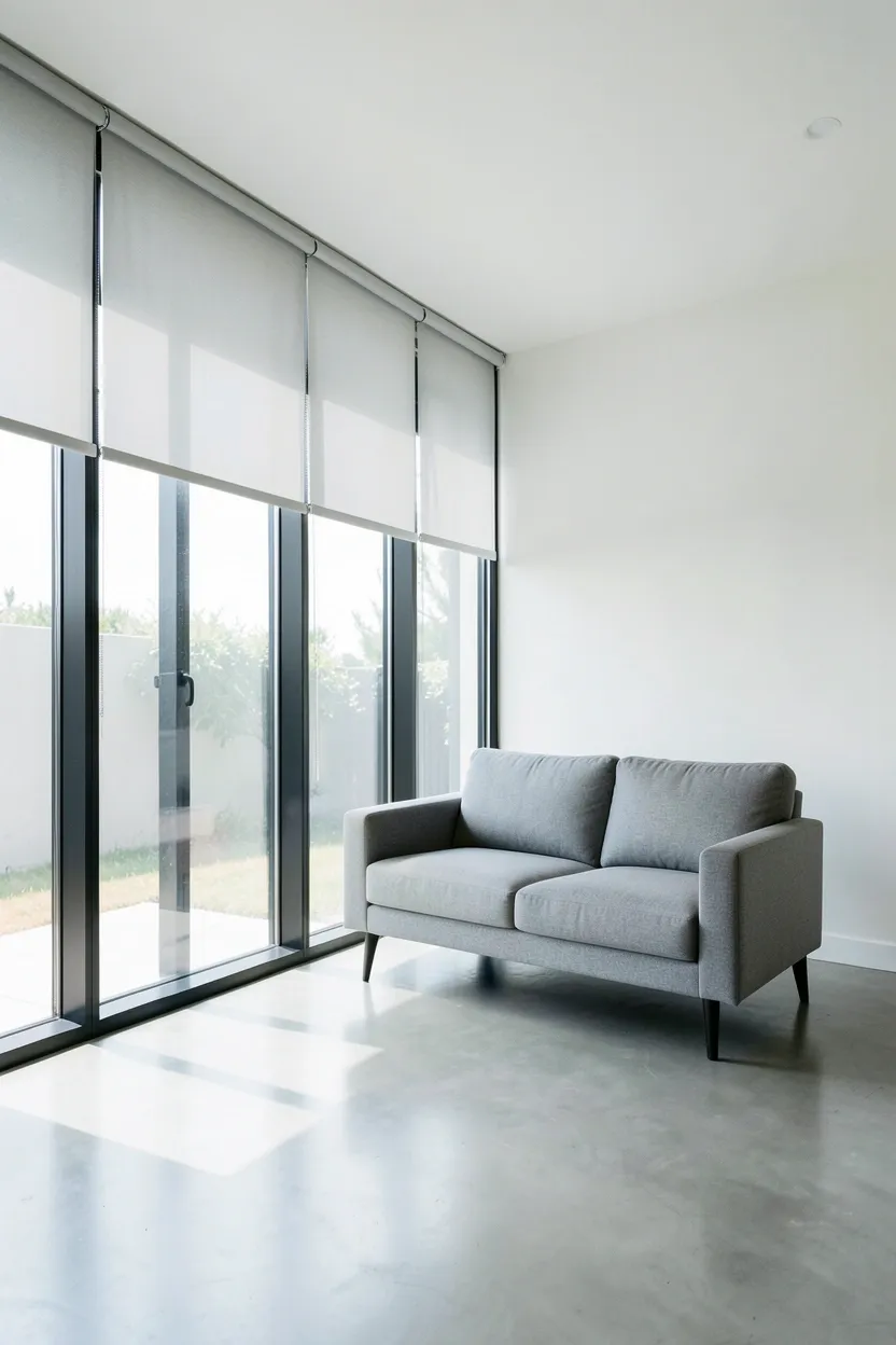 Reclaimed barn wood coffee table with matte black hairpin metal legs serving as the centerpiece of an industrial minimalist living room with concrete floors