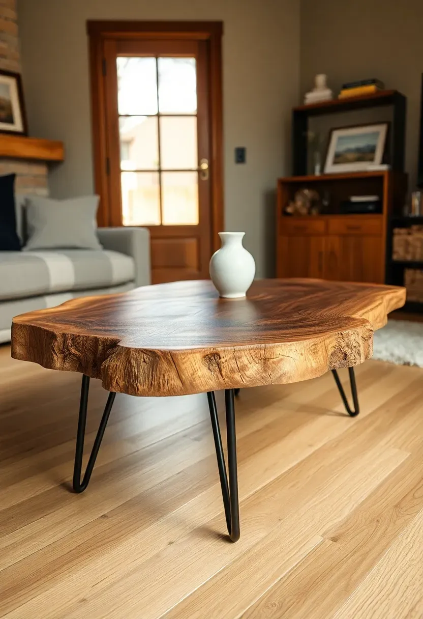 Hyper-realistic detail view of live edge walnut coffee table in rustic minimalist living room. Materials: natural walnut slab with raw bark edge, hairpin matte black legs, light oak floor, simple ceramic vase table accessory. Warm diffused daylight from nearby window. Composition showing table as sculptural element with raw organic edge prominent. No text, no logos, furniture design magazine style.</p>