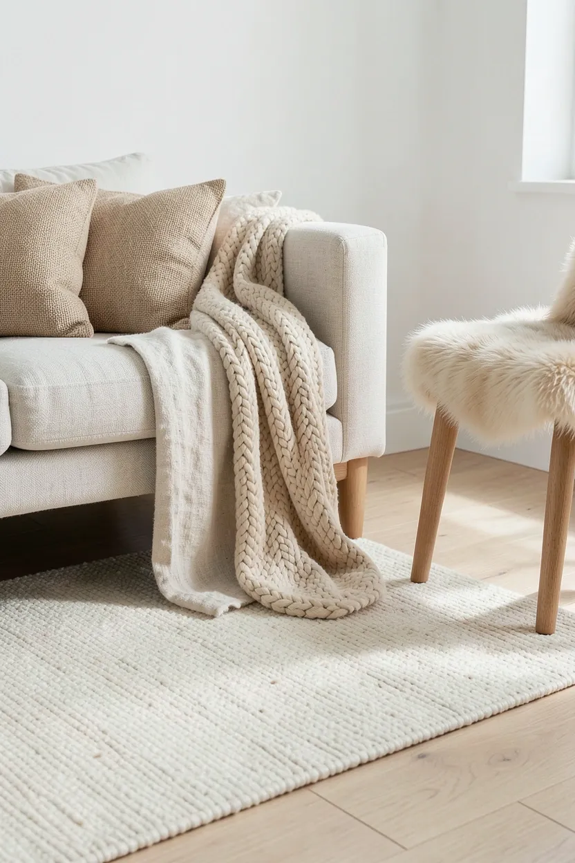 Hyper-realistic detail view of Japandi textile layering. Cream wool rug with visible texture, chunky linen throw draped casually over low sofa arm, hemp cushions with subtle texture, sheepskin rug on chair seat. White walls and light wood floor as neutral backdrop. Multiple textile layers visible adding warmth without clutter. Materials: wool with natural fiber texture, linen with crisp weave, hemp with organic variation, sheepskin with soft wool pile. Soft natural light enhancing textile textures. Textile philosophy mood showing how natural fibers add warmth and tactile comfort to minimalist spaces.</p>