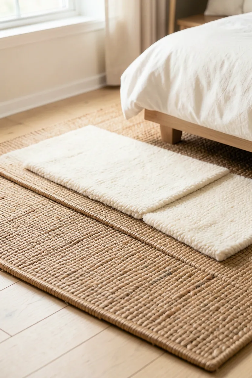 Layered natural jute and wool rugs in cream and beige tones beneath a platform bed in a japandi bedroom