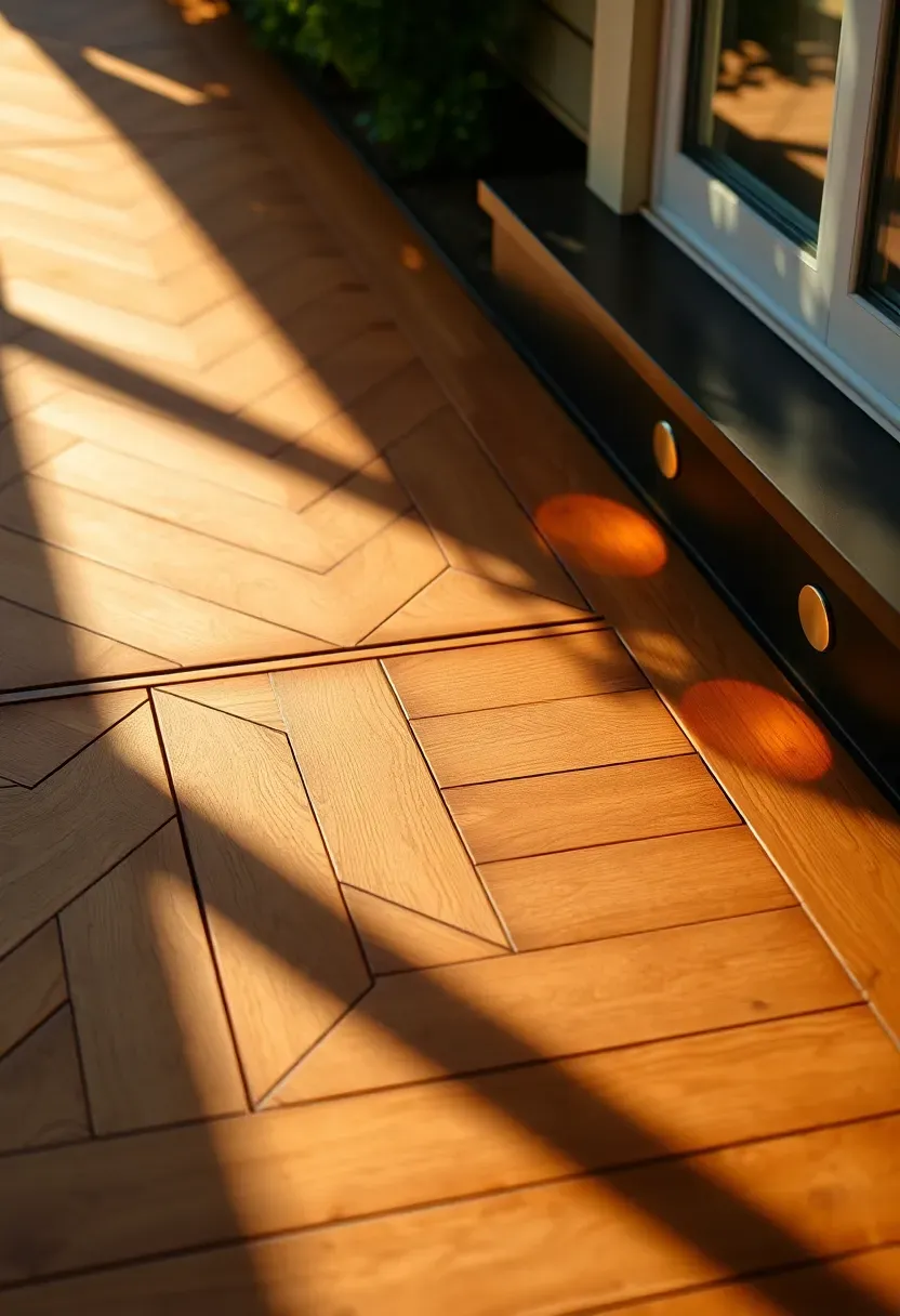 Close-up of a beautifully laid herringbone pattern composite deck in warm teak tones with contrasting dark border boards and subtle LED step lighting
