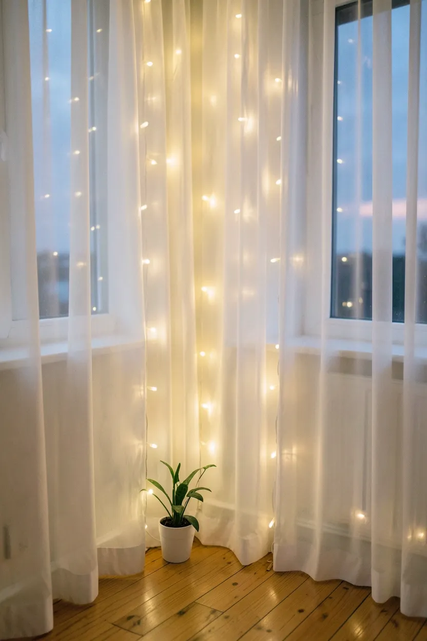 Hyper-realistic eye-level photograph of a bedroom corner with floor-to-ceiling sheer white curtains. Warm white fairy lights woven through the fabric creating a soft, glowing drape effect. Behind curtains, window visible with evening sky. Wooden floor, small plant nearby. Soft room lighting. Materials: sheer white fabric, warm LED lights, natural wood. Romantic ethereal mood. Shallow depth of field, sharp details on light glow and fabric texture. No text, no logos, no watermarks.</p>