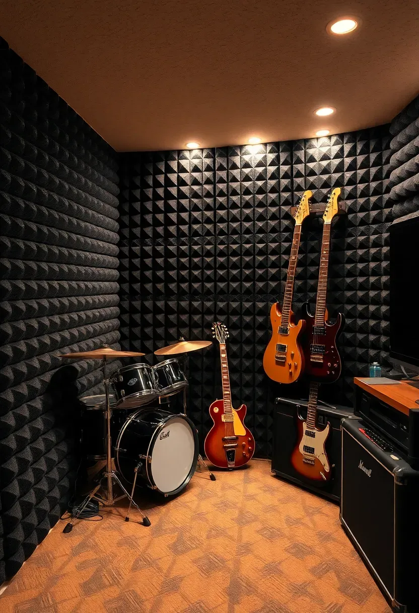 Basement music practice studio with soundproofing foam on walls, a drum kit, guitar rack, amplifier, and a small recording desk in the corner