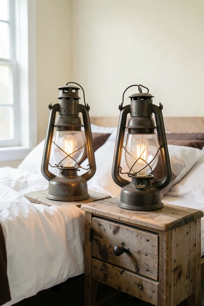 Hyper-realistic eye-level photograph of two vintage metal lantern table lamps on rustic wooden nightstands. Aged wrought iron lanterns with glass panels, warm Edison bulbs visible inside, white bedding with brown accents, cream walls, morning light from window. Materials: aged wrought iron with patina, glass panels, Edison bulbs, distressed pine nightstands, white cotton bedding. Natural ambient light, nostalgic industrial atmosphere. Shallow depth of field, sharp details on lantern details and patina, balanced composition showing lamps and nightstands. No text, no logos, no watermarks.</p>