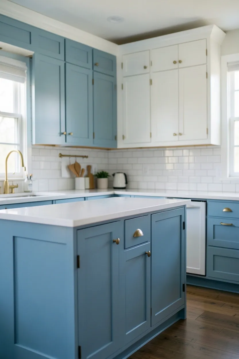 Two-tone coastal kitchen with soft blue-gray lower cabinets, white uppers, white subway tile backsplash, and brass hardware accents