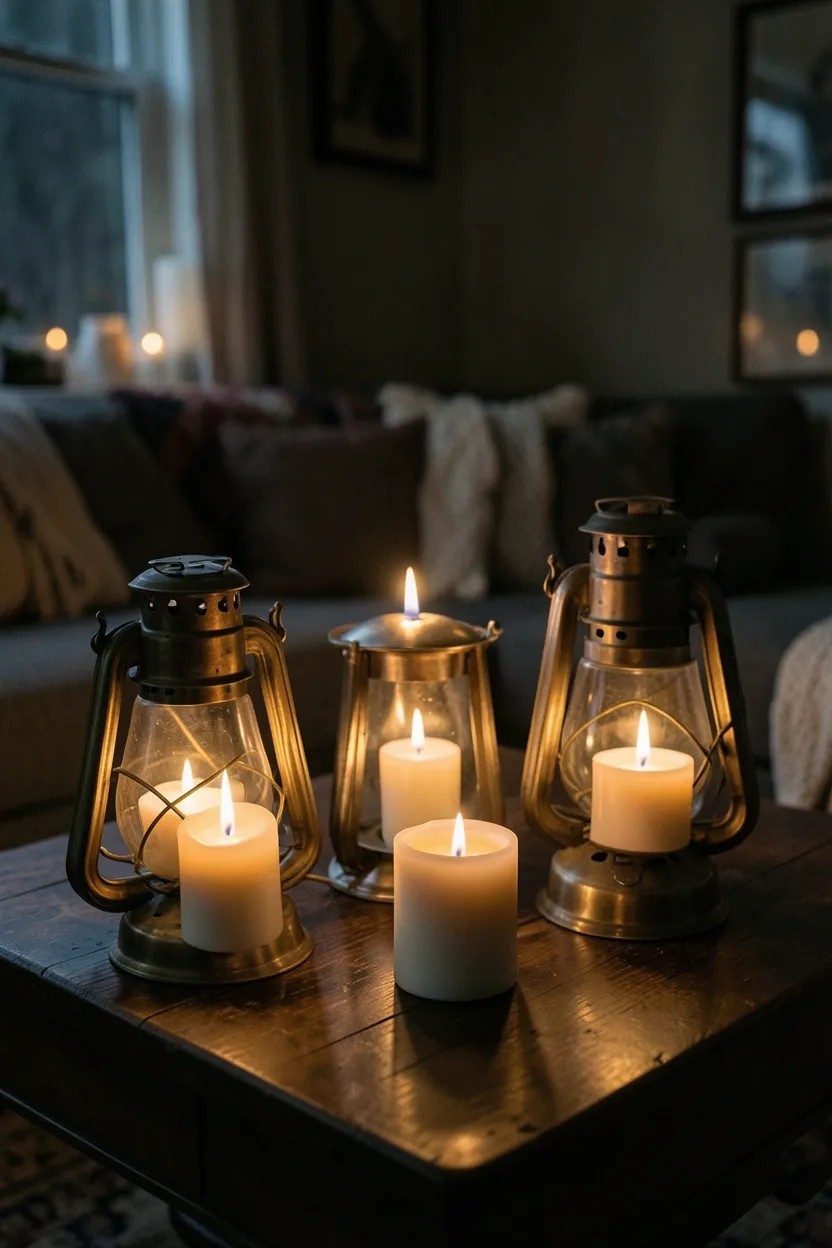 Pillar candles in dark holders and Moroccan-patterned lanterns grouped on a coffee table for warm ambient lighting in a dark boho room