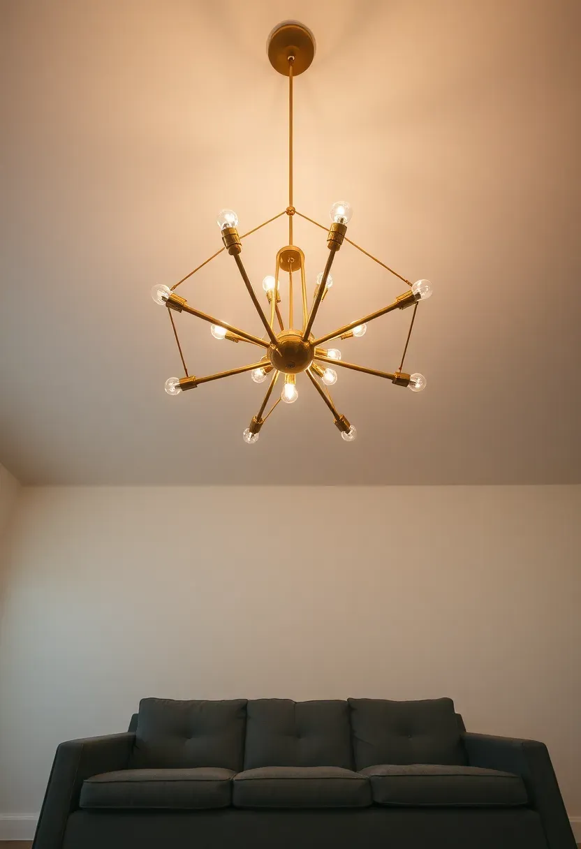 Hyper-realistic upward view of living room featuring dramatic suspended light fixture. Materials: oversized brass geometric pendant with multiple arms and exposed bulbs, white ceiling, gray sofa below, oak floor visible. Fixture as sculptural element dominating ceiling plane. Warm light from fixture creating ambient glow. Minimal other lighting sources. Statement lighting as room's primary focal point.</p>