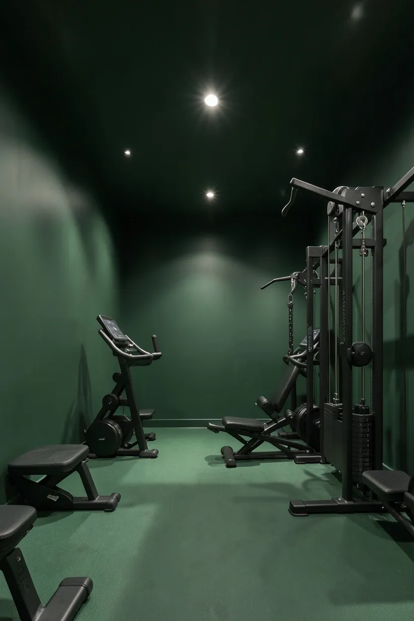 Dark forest green home gym walls with evenly spaced dimmable recessed downlights and a rubber mat floor